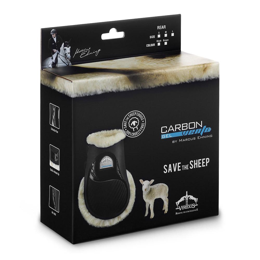 Black box for Veredus Carbon Gel Vento Rear Save The Sheep cruelty-free faux sheepskin boots.