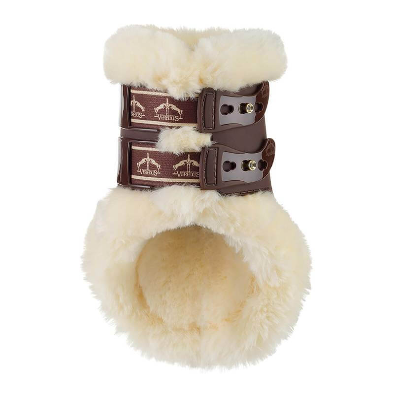 Veredus Carbon Gel Vento Save The Sheep brown fetlock boot with two buckles and logo.