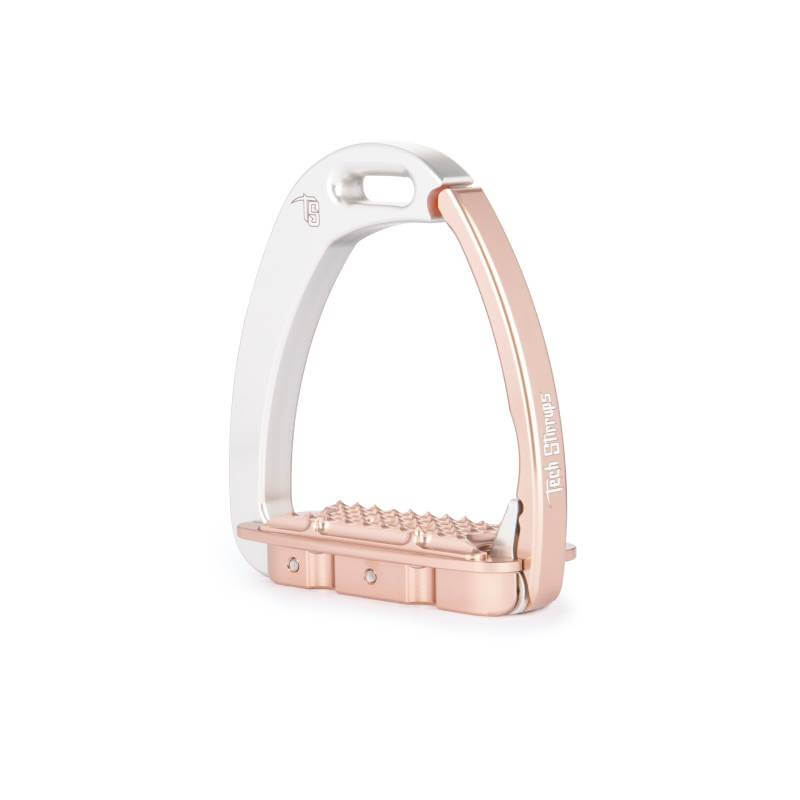 Tech Stirrups Venice Childrens stirrups in rose gold and silver, textured footrest shown.