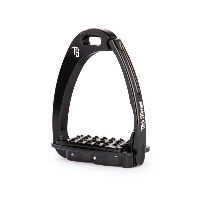 Black Tech Venice Sloped Medium Stirrups with spiked footrest and Tech Stirrups branding.