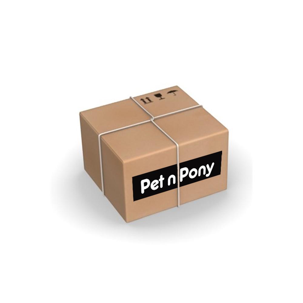 A PetnPony Shopify Parcel Shipping box tied with white string sits on a white background.