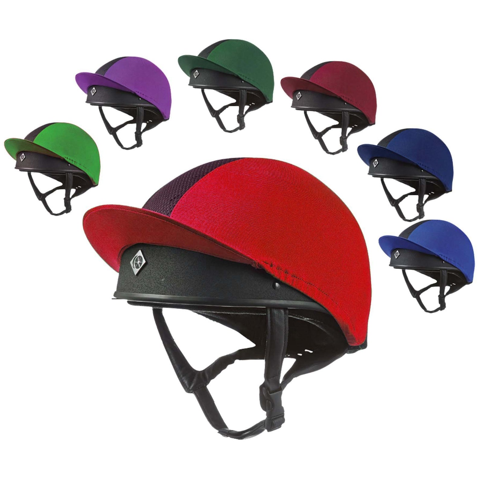Seven Charles Owen Pro II Hat Silks in various colors, including a ventilated black option.