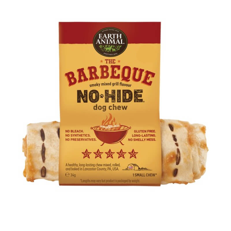 Earth Animal No Hide Barbeque Dog Chew packaging highlights long-lasting dog chew benefits.