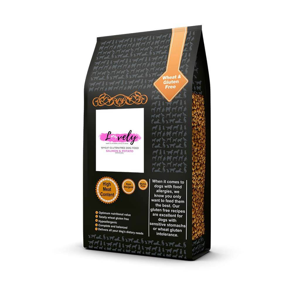Lovely Salmon &amp; Potato Wheat Gluten Free Dog Food for adults in branded bag with kibble visible.