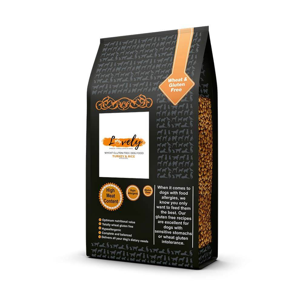 Lovely Turkey &amp; Rice Wheat &amp; Gluten Free Adult Dry Dog Food by Lovely in black and orange bag.