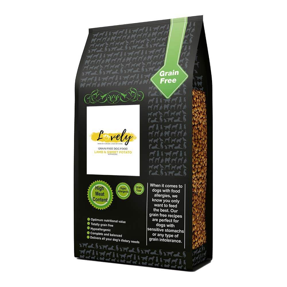 Lovely Lamb &amp; Sweet Potato Grain Free Dry Dog Food, by Lovely, shown with visible kibble.