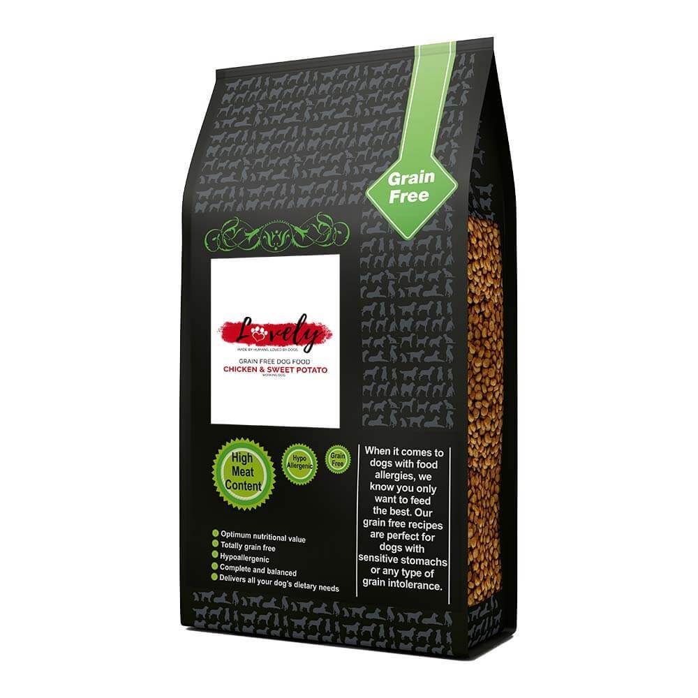 Lovely Chicken &amp; Sweet Potato Grain Free Dry Dog Food by Lovely, in a black bag with product window.