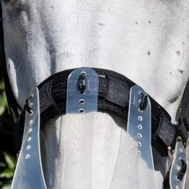 Close-up of a white horse in a ThinLine Breakaway Halter and protective fly mask.