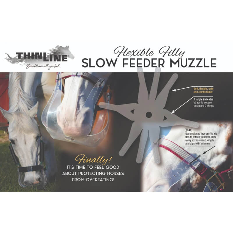 Horse wearing ThinLine Flexible Filly Grazing Muzzle; product diagram and ThinLine brand shown.