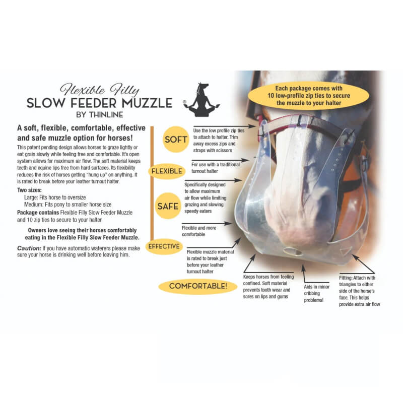 The ThinLine Flexible Filly Grazing Muzzle offers comfort and weight control for horses.