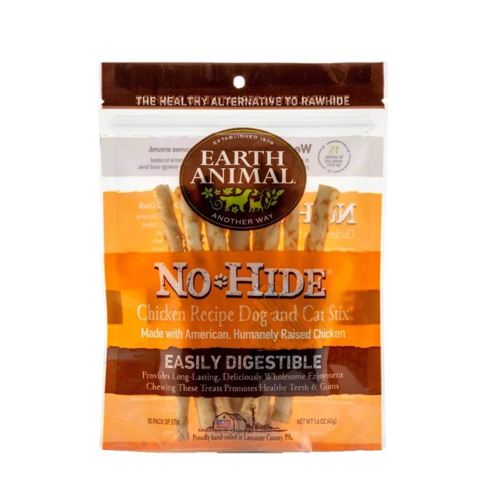 Earth Animal No Hide, a rawhide alternative chew, comes in orange resealable packaging.