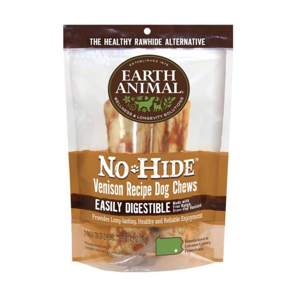 Earth Animal No Hide Venison dog chews bag with visible rawhide alternative treats inside.