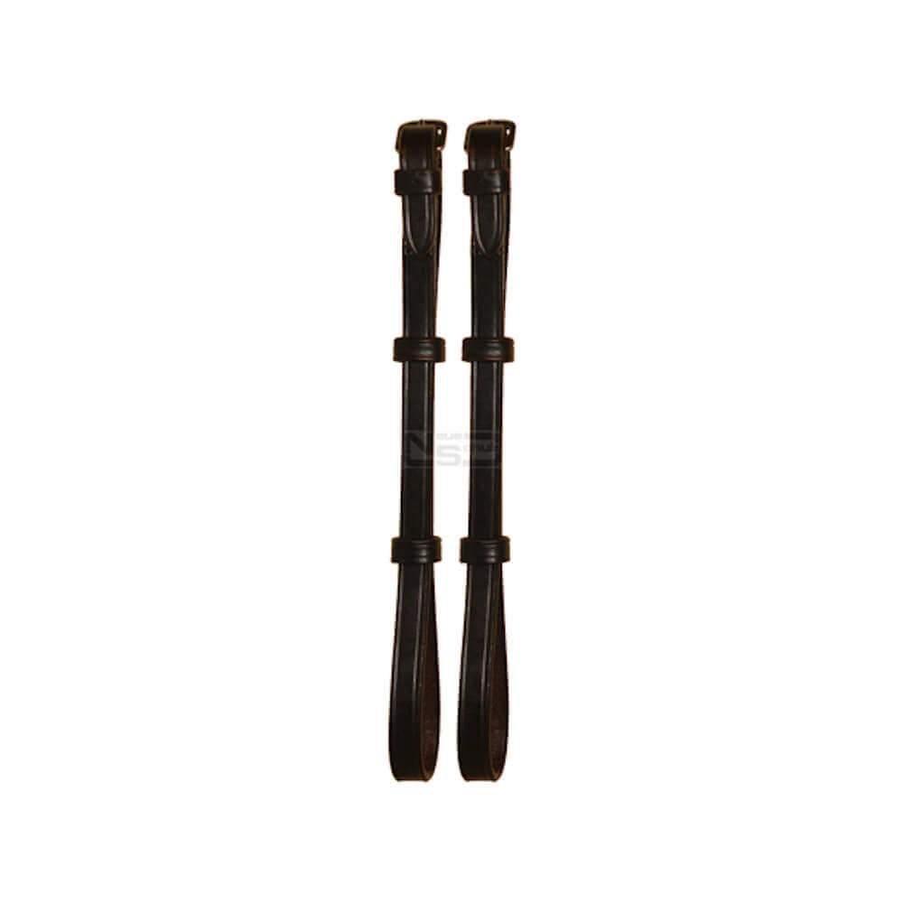 The Neue Schule Leather Curb Strap by Neue Schule, in black leather with buckles, side by side.