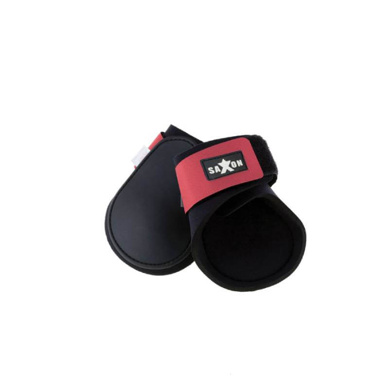 Saxon Contoured Fetlock Boots in Black/Pink with neoprene lining on white background.