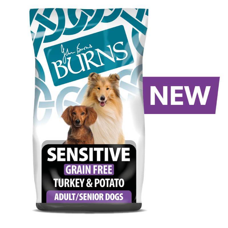 Burns Sensitive Grain Free Turkey &amp; Potato dog food for adult and senior dogs.