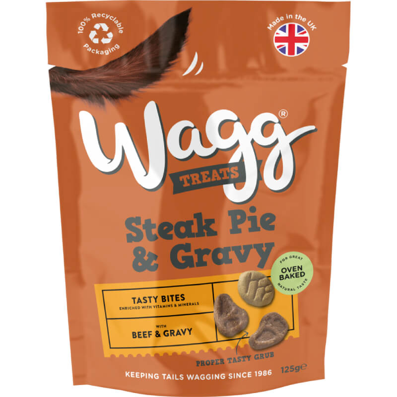 Wagg Steak Pie &amp; Gravy Treats 125g—heart-shaped semi-moist dog treats by Wagg.