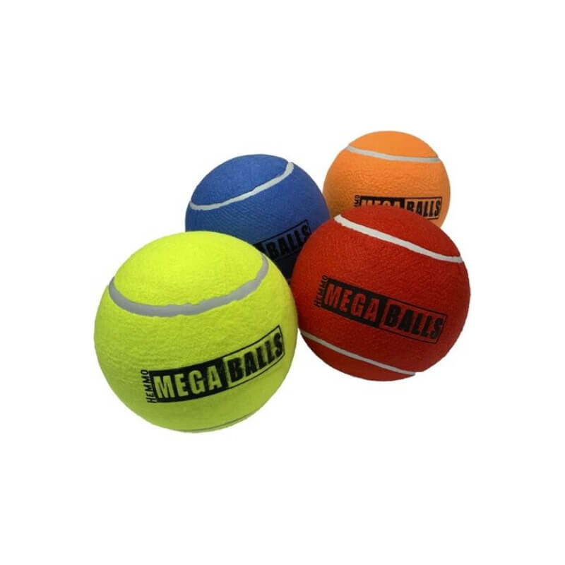 Dog &amp; Co Mega Tennis Ball Assorted 6", set of four in yellow, blue, orange, and red.