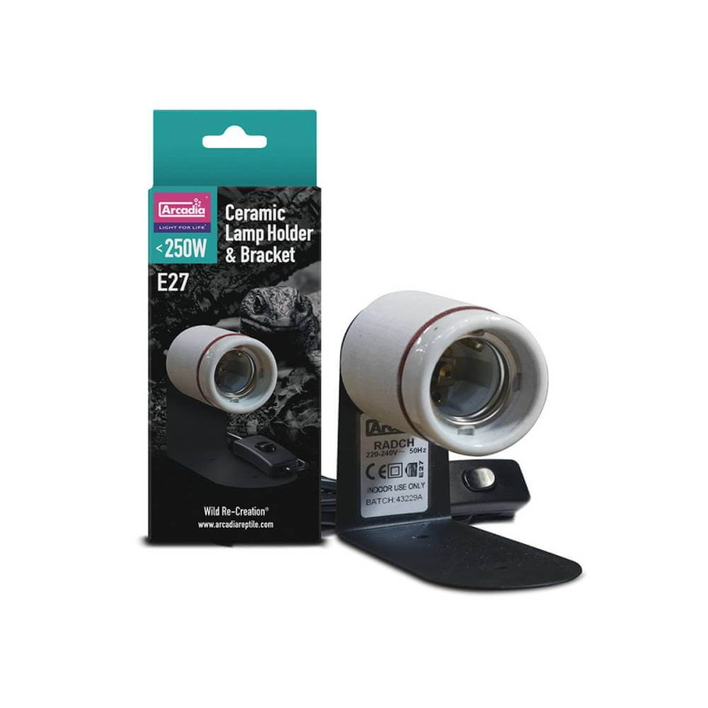 Arcadia Ceramic Lamp Holder &amp; Bracket with E27 fitting shown next to its packaging.