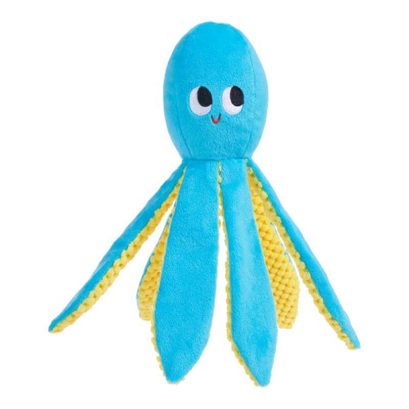 BARK Odd Otto Dog Toy—blue and yellow octopus with a smile and big eyes.
