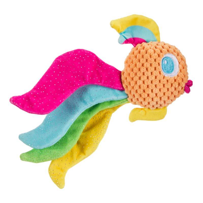 BARK Ahi Tina Dog Toy: plush fish with orange head and colorful fins by BARK.