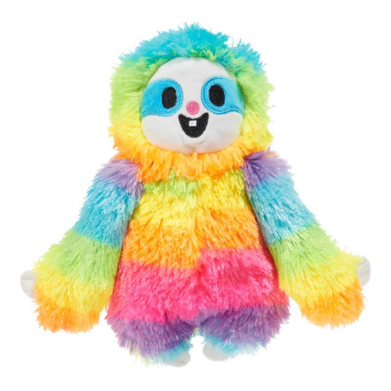 BARK Good Vibes Gary Dog Toy is a rainbow plush sloth with a squeaker and outstretched arms.