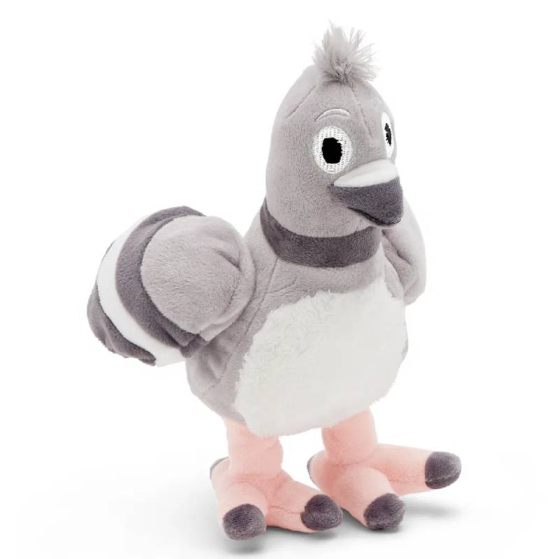 BARK Flappin Flossie Dog Toy: a gray and white plush pigeon with big eyes and pink feet.