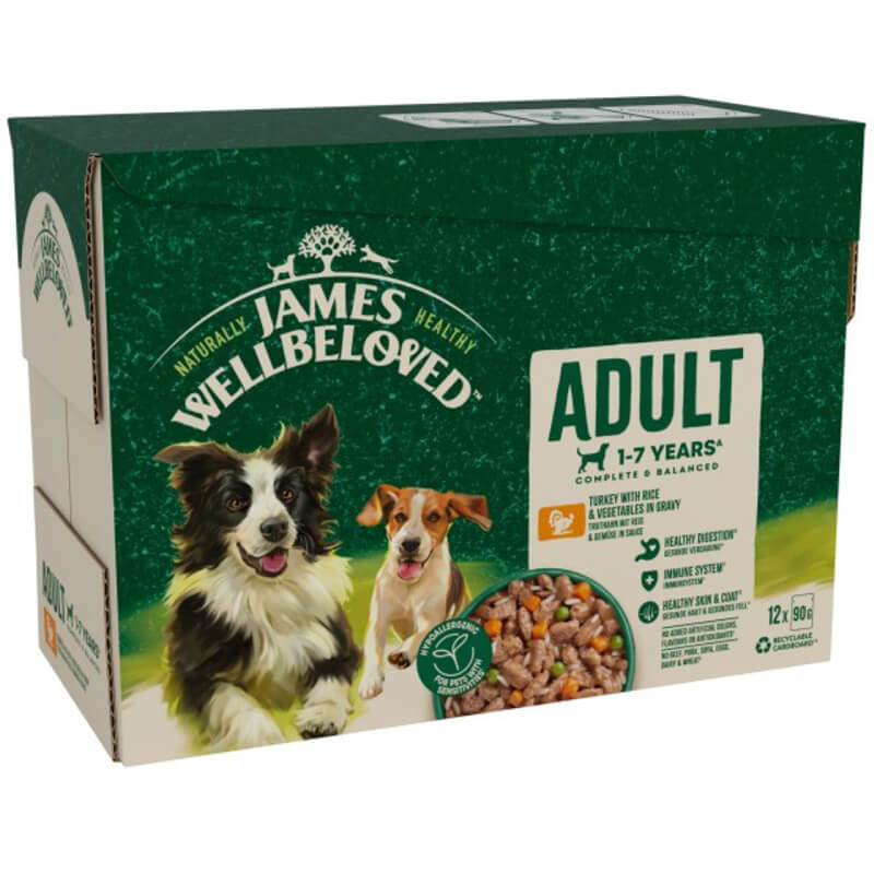 James Wellbeloved Adult Turkey in Gravy Dog Pouch 12x90g – natural, nutritious dog food.