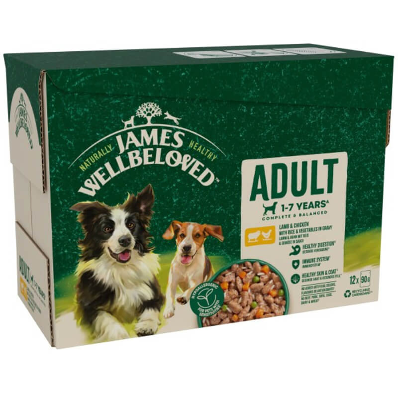 James Wellbeloved Adult Lamb &amp; Chicken in Gravy Dog Pouch 12x90g, natural dog food.