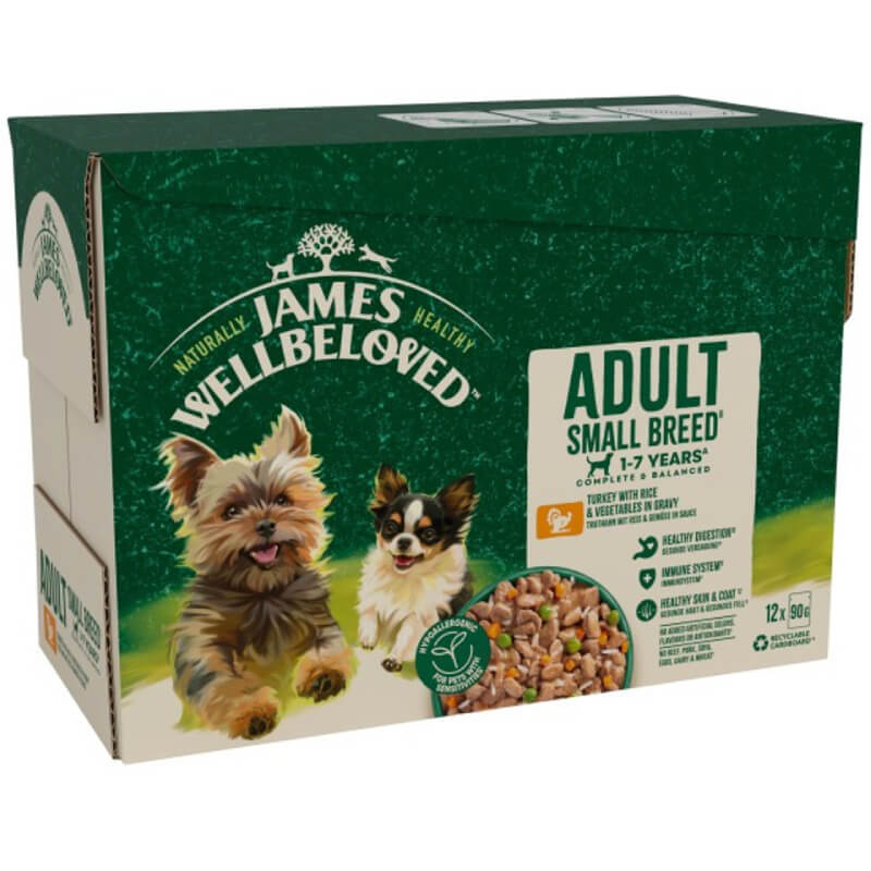 James Wellbeloved Adult Small Breed Turkey in Gravy Dog Food, 12x90g pouches.