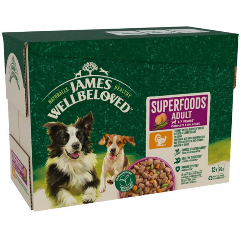 James Wellbeloved Adult Superfood Turkey in Gravy Dog Pouch 12x90g pack with two dogs on front.