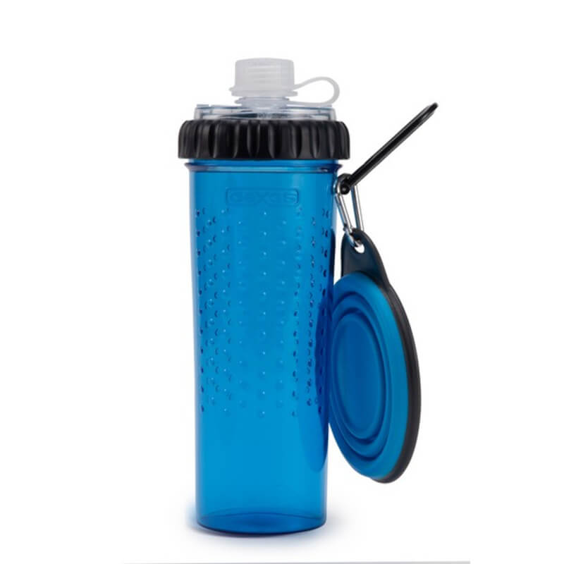 Dexas Snack-DuO with Companion Cup Pro Blue—water bottle and collapsible dish for pets.