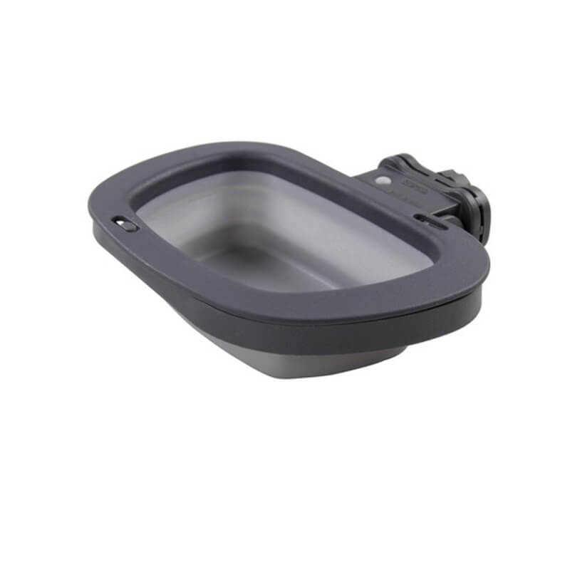 Dexas Collapsible Kennel Bowl Large in light gray, with clip for bags or belts.