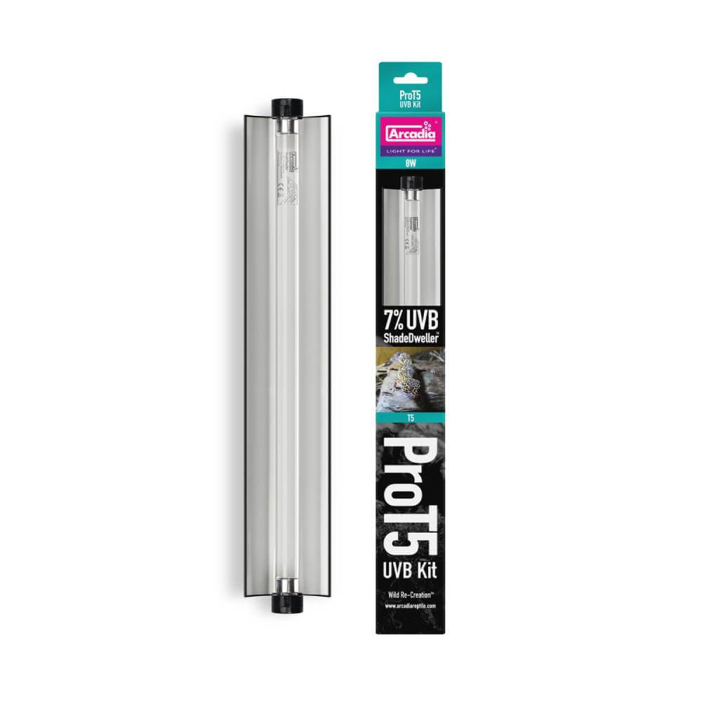 Arcadia Pro T5 UVB Kit, ShadeDweller 7% UV-B, 8W with packaging shown upright.