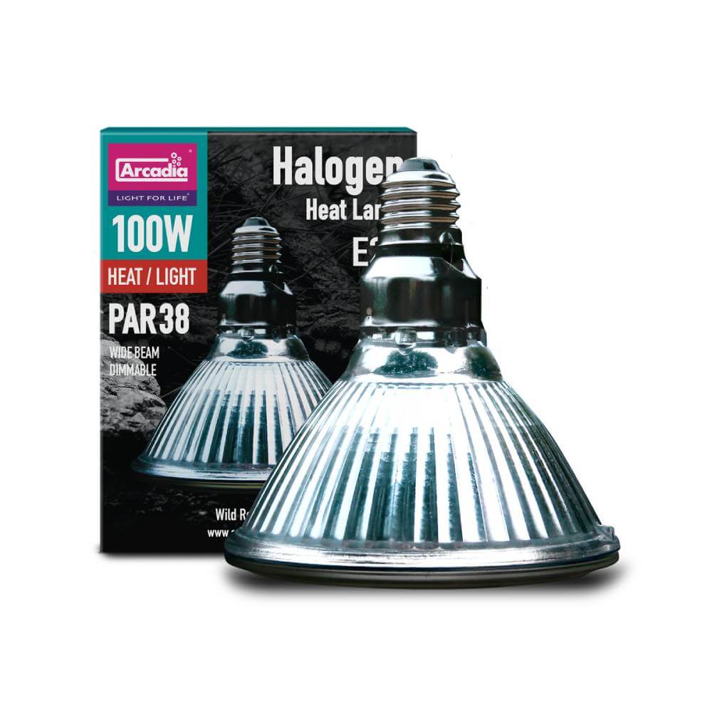 Arcadia Halogen Basking Spot (E27) lamp, 100W Heat/Light PAR38, with packaging.