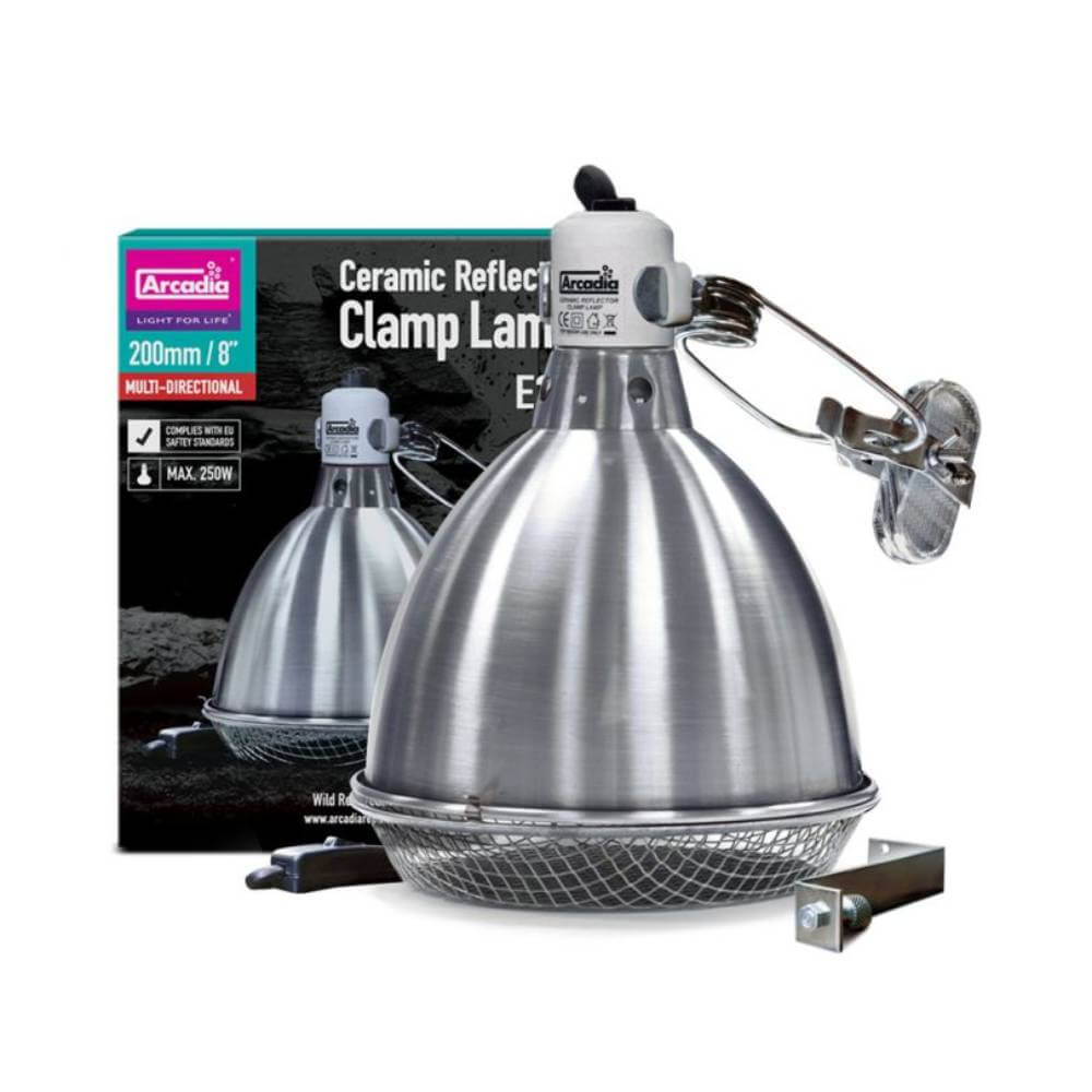 Arcadia Reflector Clamp Lamp with Ceramic Holder E27, shown with its box.