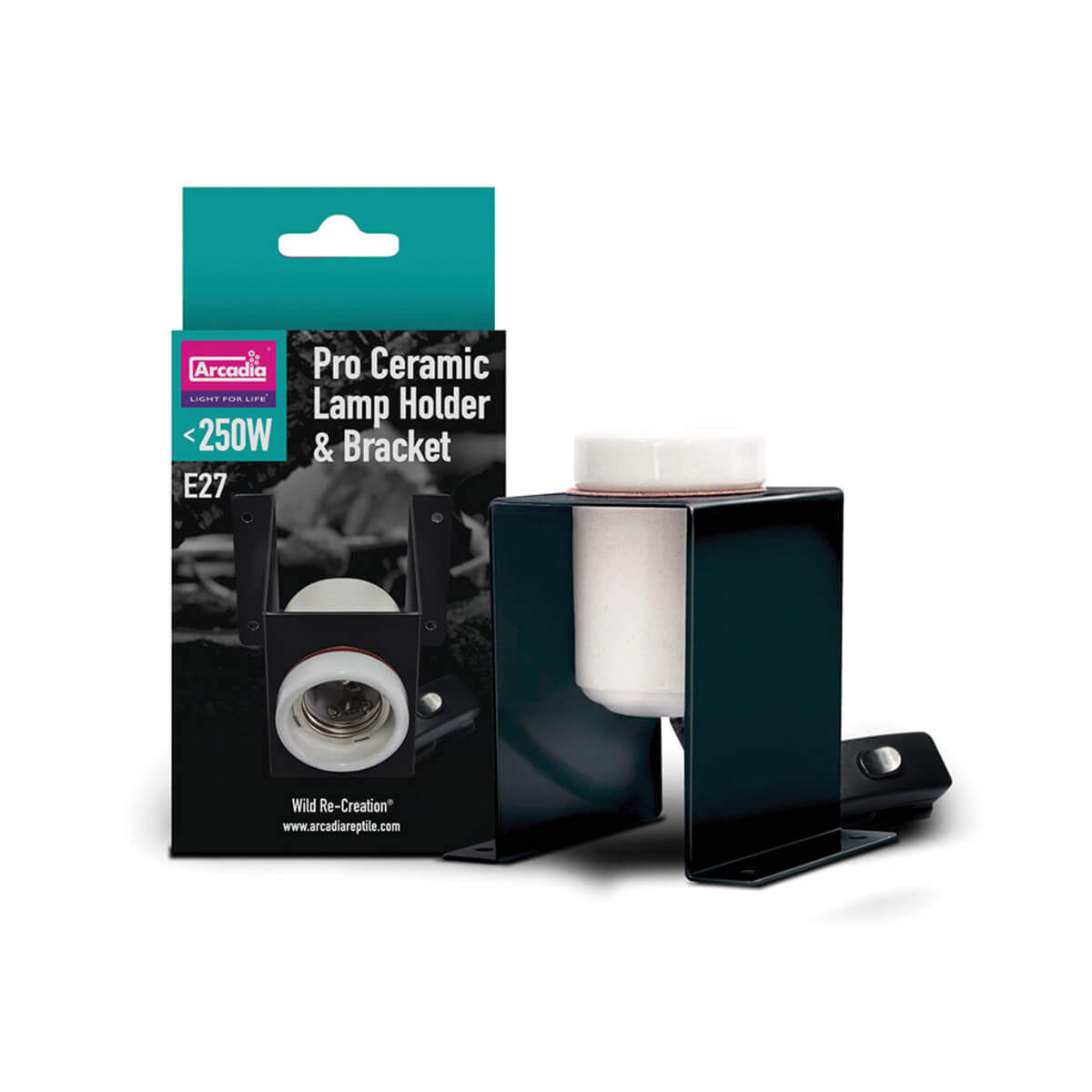 Arcadia Pro Ceramic Lamp Holder &amp; Bracket, for reptile lamps up to 250W, with packaging.