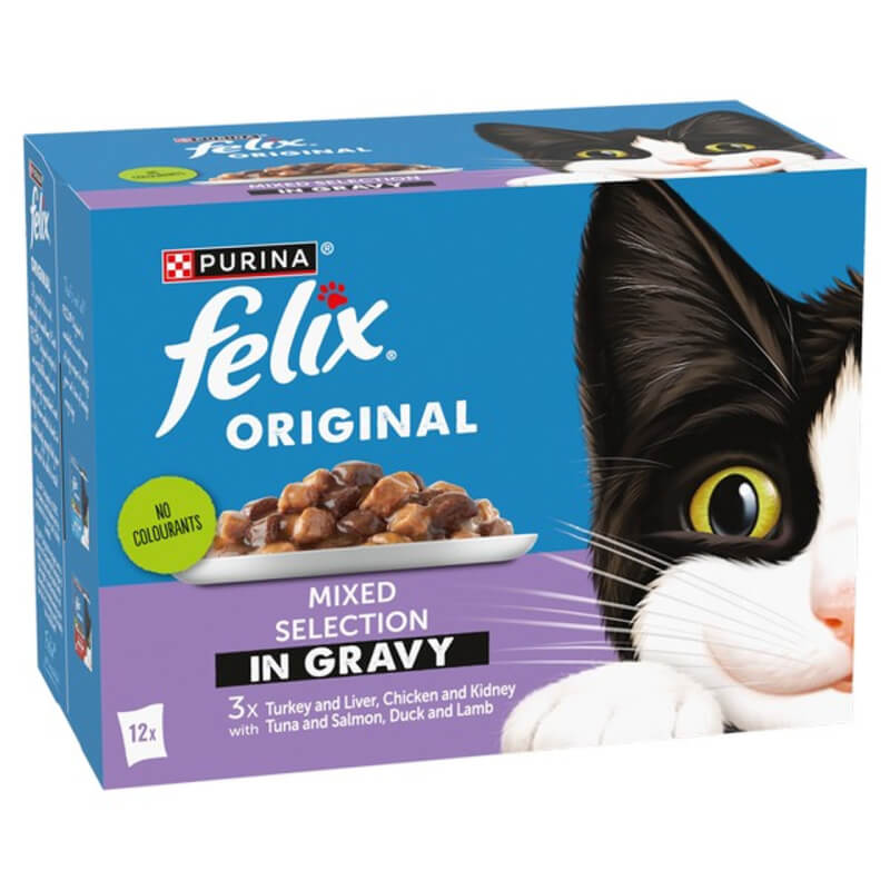 Felix Original Mixed Selection in Gravy Wet Cat Food 12x85g box with cat face and bowl design.