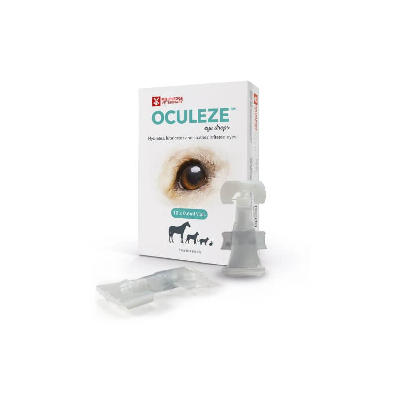 Millpledge Oculeze Eye Drop Vials 10x0.6ml for pets, with vials and applicator in front.