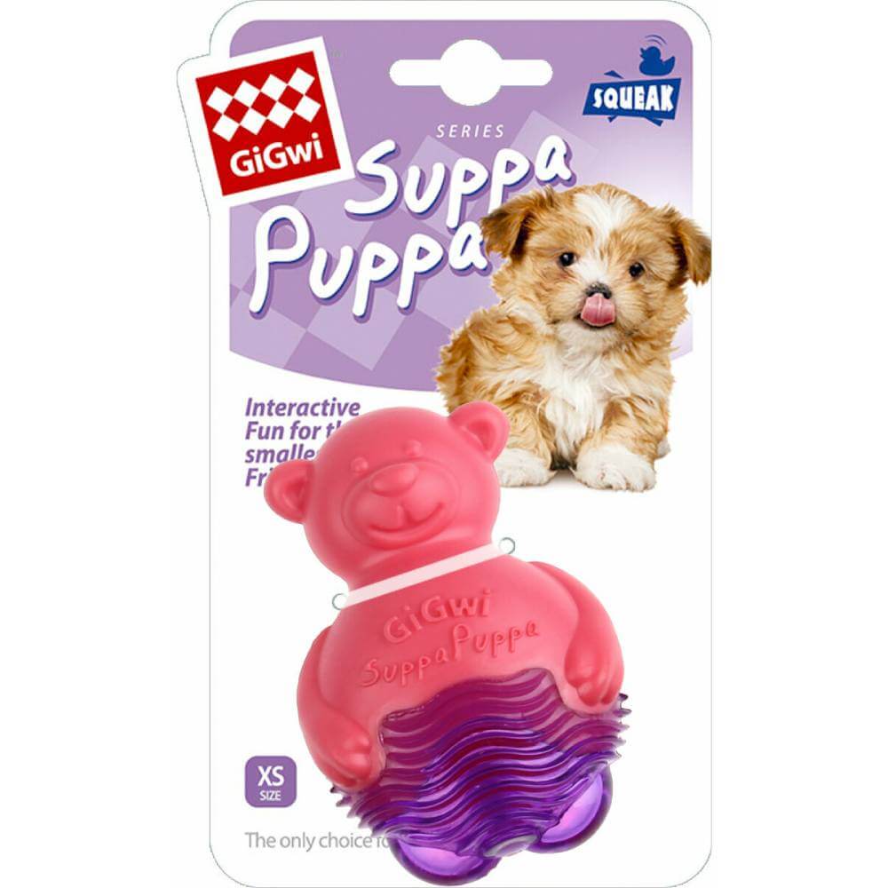 GiGwi Suppa Puppa Bear with squeaker, perfect for teething puppies and small dogs in pink.