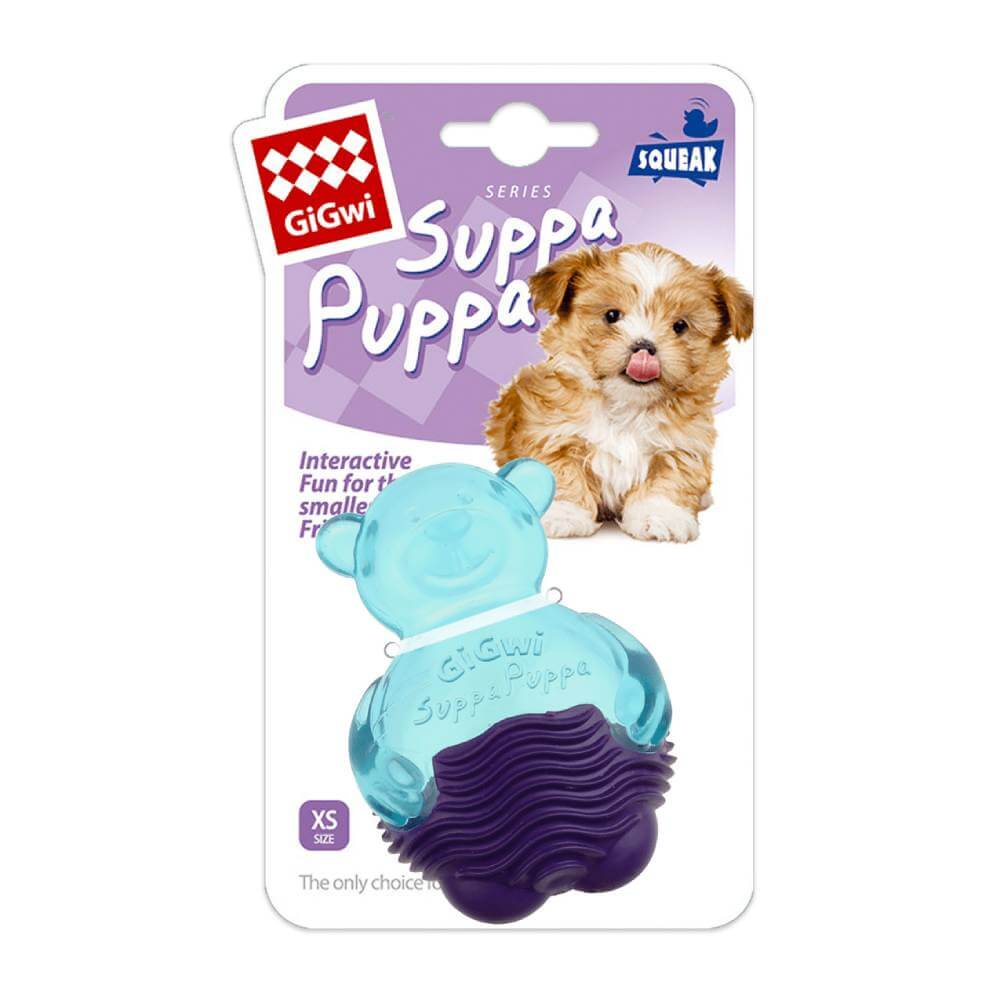 GiGwi Suppa Puppa Bear With Squeaker, blue, for puppies and small dogs.