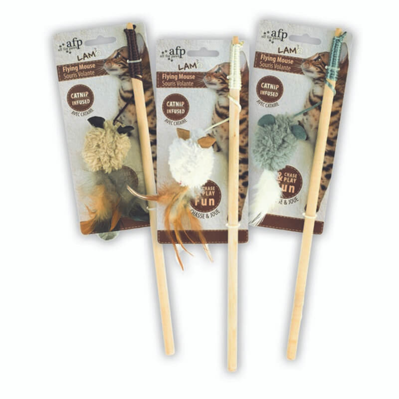 Three Kong AFP Lamb Flying Mouse cat toy wands with catnip, upright in packaging.