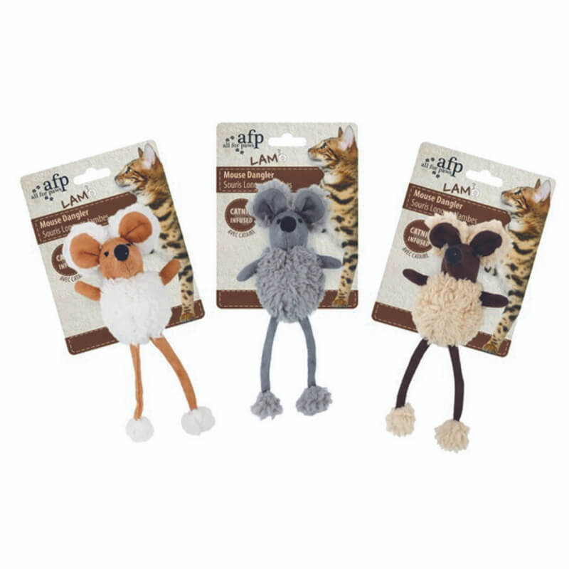 Three All For Paws AFP Lamb Mouse Dangler toys in brown, gray, and beige with packaging behind.