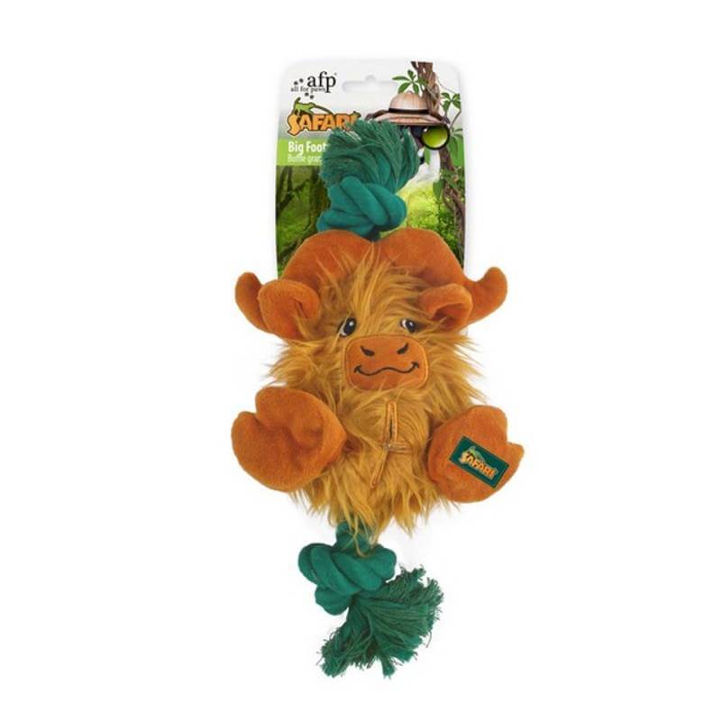 All For Paws Safari Big Foot Buffalo Dog Toy with horns and rope limbs for chewing instincts.
