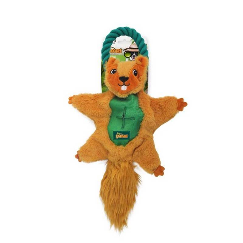 All For Paws Safari Air Squirrel Dog Toy with green rope handle and fluffy tail for chewing.