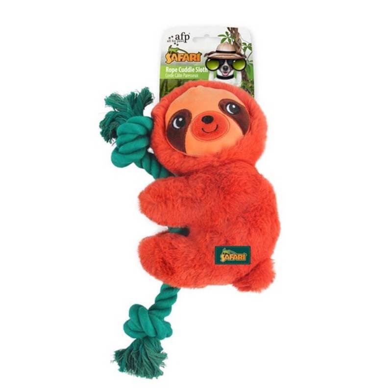All For Paws Safari Rope Cuddle Sloth Dog Toy features green rope and a Safari label on its chest.