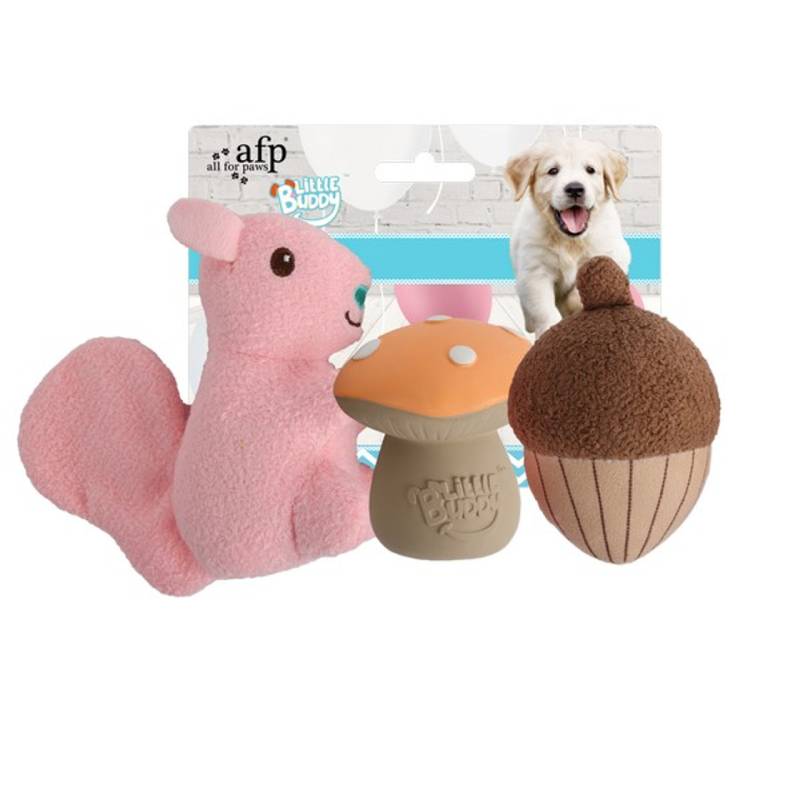 All For Paws Little Buddy Forest Puppy Toys 3pk includes a pink squirrel, mushroom &amp; acorn.