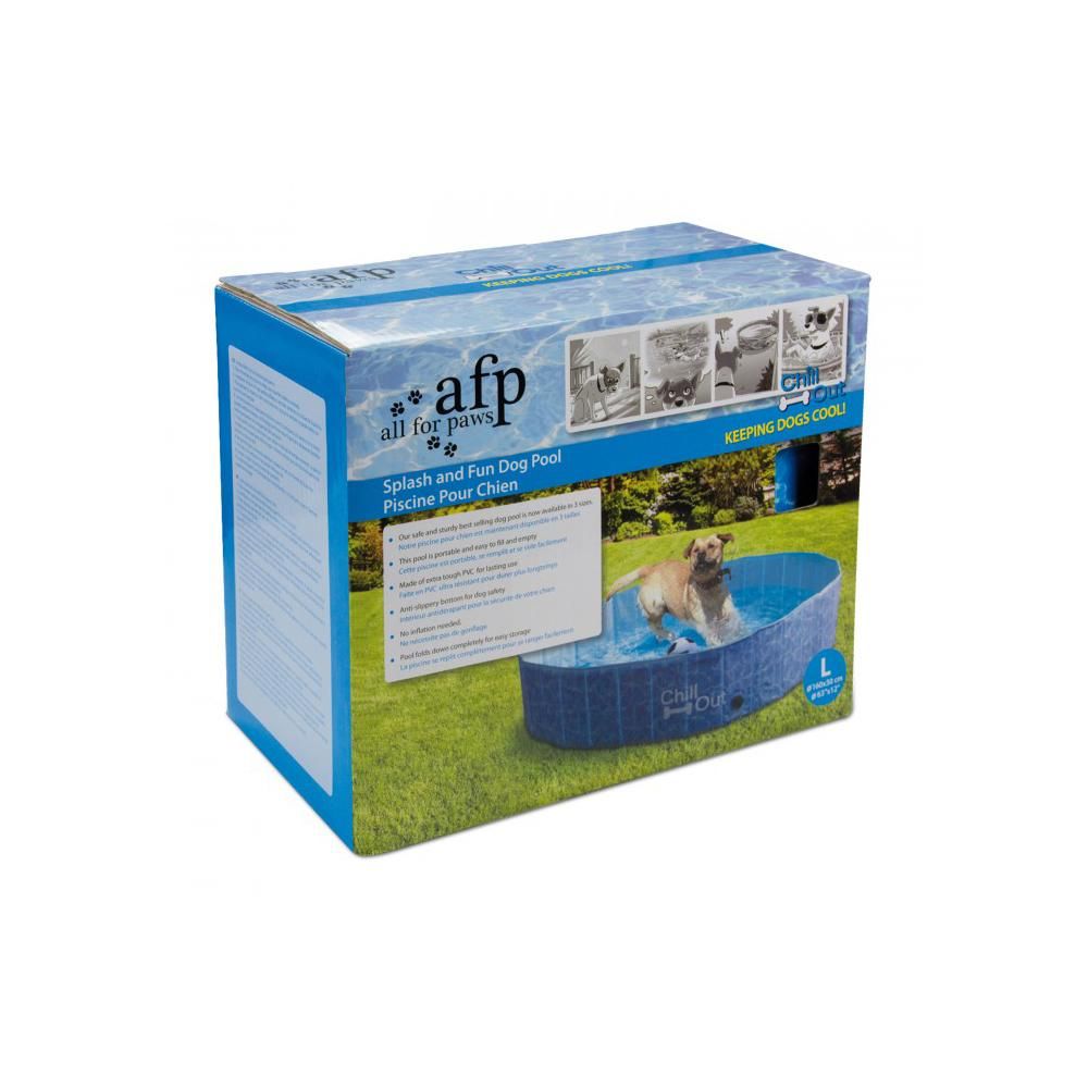 Box for All For Paws Chill Out Splash And Fun Dog Pool, featuring a dog enjoying the pool.