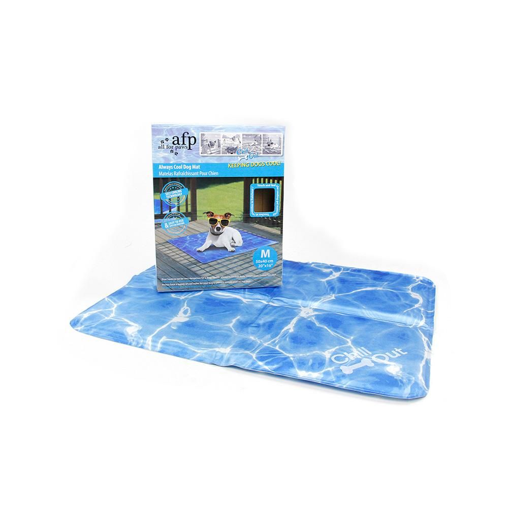 All For Paws Chill Out Always Cool Dog Mat with packaging showing a dog relaxing on the mat.