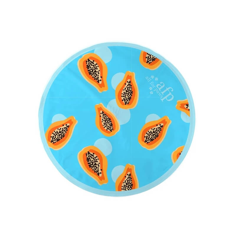 All For Paws Chill Out Papaya Cooling Mat: blue, round, papaya design, white text top right.