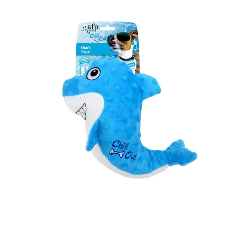 All For Paws Chill Out Shark: blue plush summer dog toy with sunglasses-wearing pup on pack.